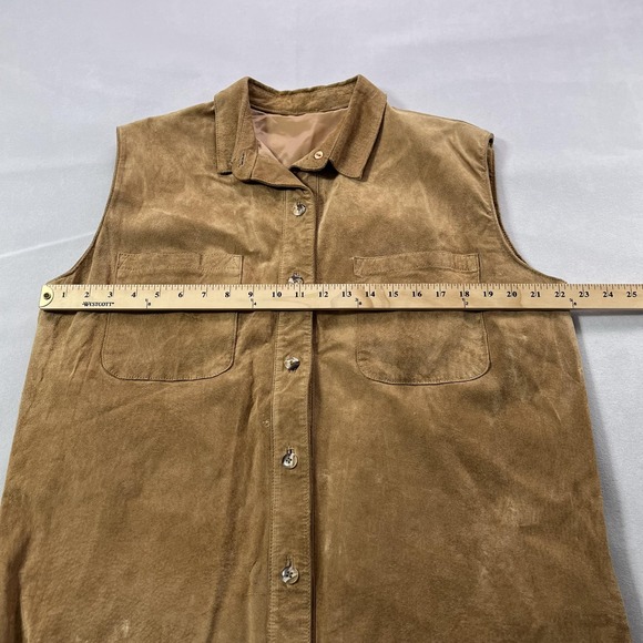 Front Line Vest Womens 14 Tan Suede Leather Button Front Collared Lined Pockets - Picture 13 of 16